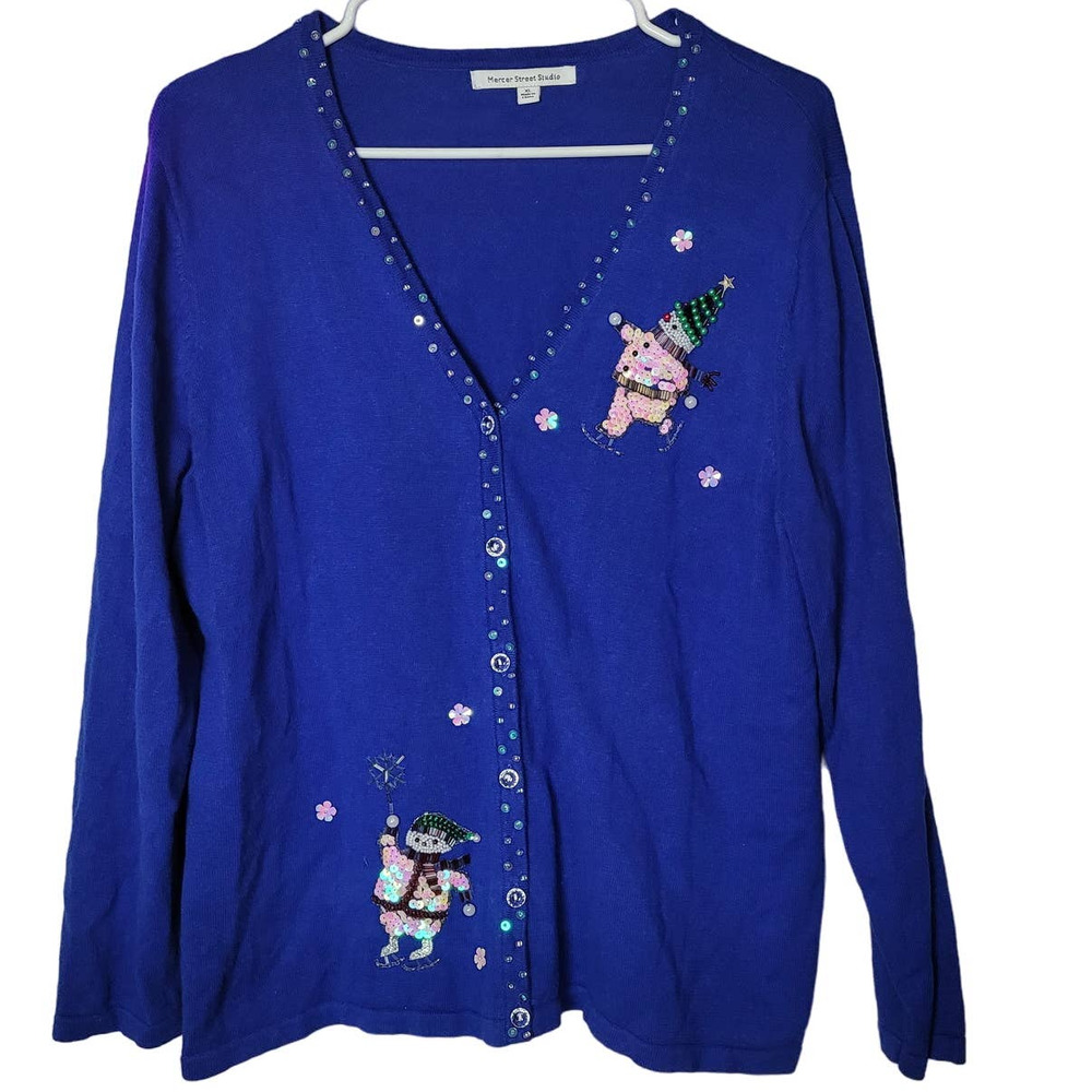 Mercer Street Studio Blue Sequin Beaded Snowman Cardigan Sweater Womans Size XL
